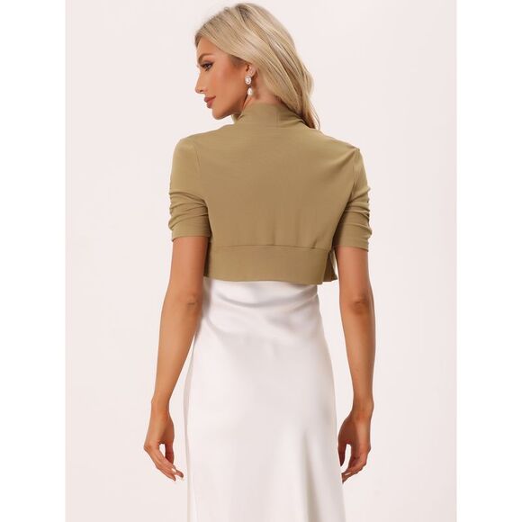 Short Sleeve Shrugs Ruched Sleeve Open Front Cropped Bolero Camel - Picture 3 of 5